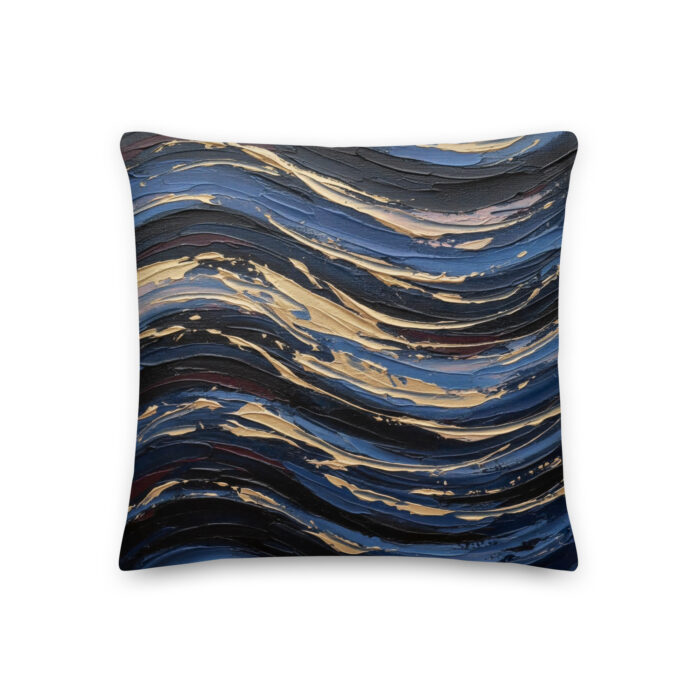 Nocturne Pulse – Abstract Night Oil Painting | Deep Blue & Gold Rhythmic Waves | Feminine Energy at Night Premium Pillow