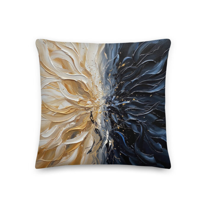 Silk and Shadow – Abstract Duality Oil Painting | Ivory & Gold vs. Black & Indigo | Feminine Contrast Premium Pillow