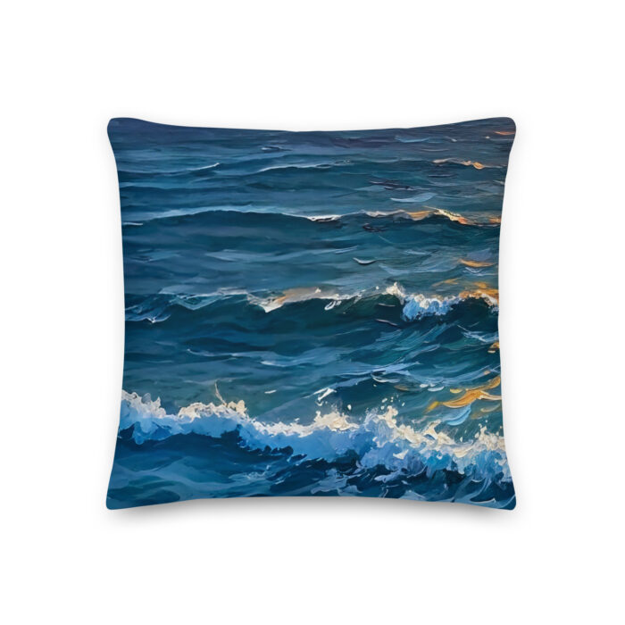 Ocean Silhouette – Sunset Cliff Oil Painting Print | Woman Facing Horizon Over Ocean | Romantic Realism Premium Pillow