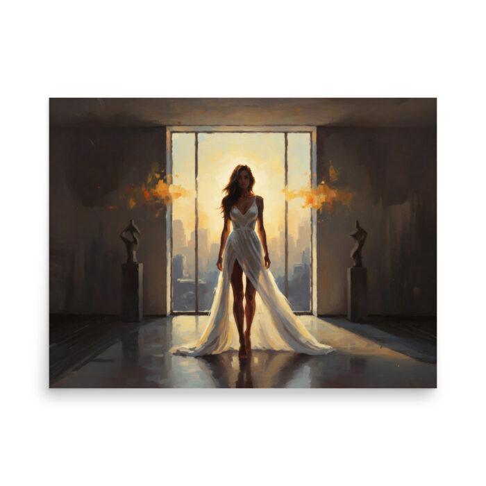 Golden Backlight – Oil Painting Wall Art Print | Feminine Silhouette in Golden Hour Light | Luxury Art for Modern Interiors Poster