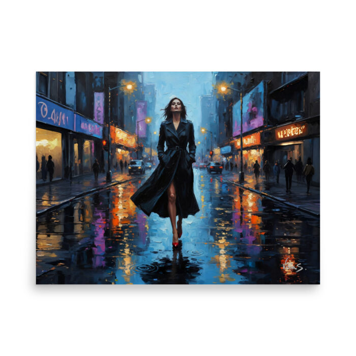Midnight Walk – Urban Night Oil Painting Print | Woman in Red Heels on Wet City Street | Cinematic Wall Art for Sophisticated Men Poster