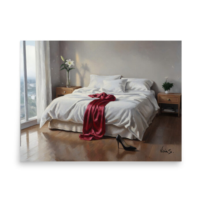 Empty Bed, Red Silk – Suggestive Still Life Oil Painting | Intimate Luxury Art Print | Minimalist Bedroom Wall Decor Poster