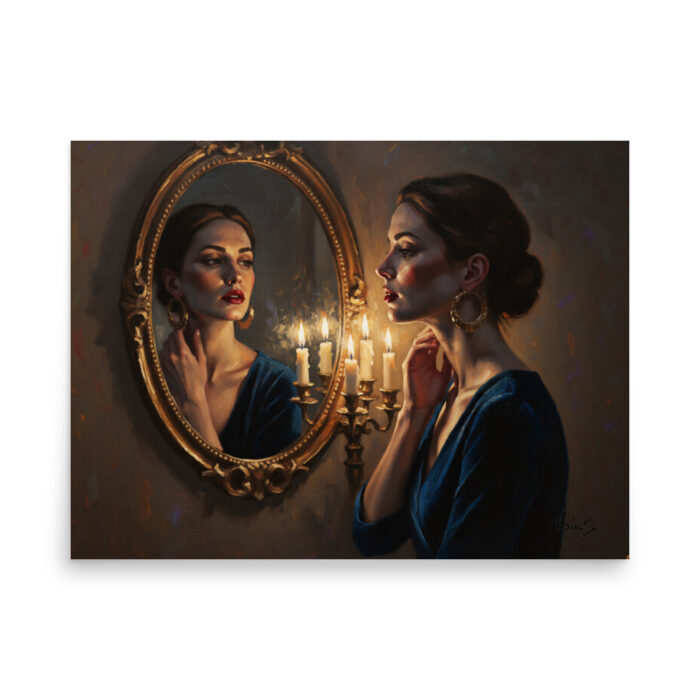 The Mirror Glance – Intimate Oil Painting Print | Woman Touching Neck in Candlelight | Emotional Wall Art for Thoughtful Spaces Poster