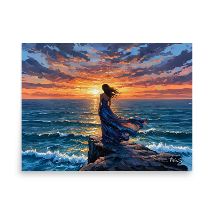 Ocean Silhouette – Sunset Cliff Oil Painting Print | Woman Facing Horizon Over Ocean | Romantic Realism Wall Art Poster