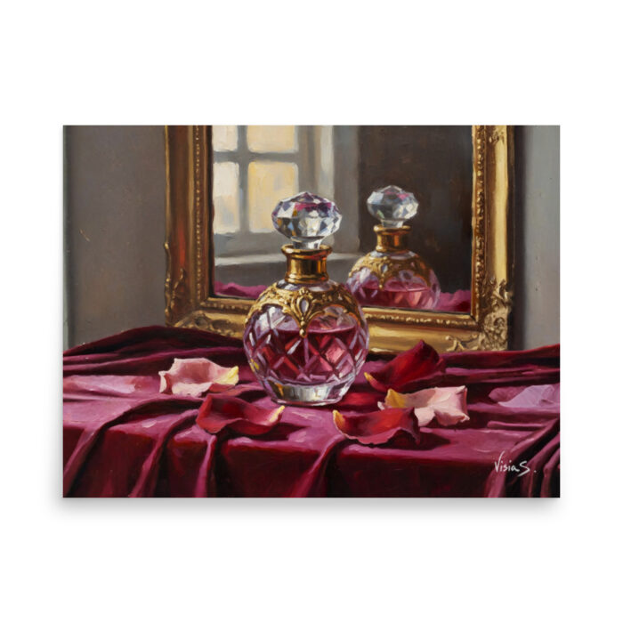 The Perfume Bottle – Luxury Still Life Oil Painting | Vintage Bottle on Velvet with Rose Petals | Refined Wall Art for Collectors - Poster