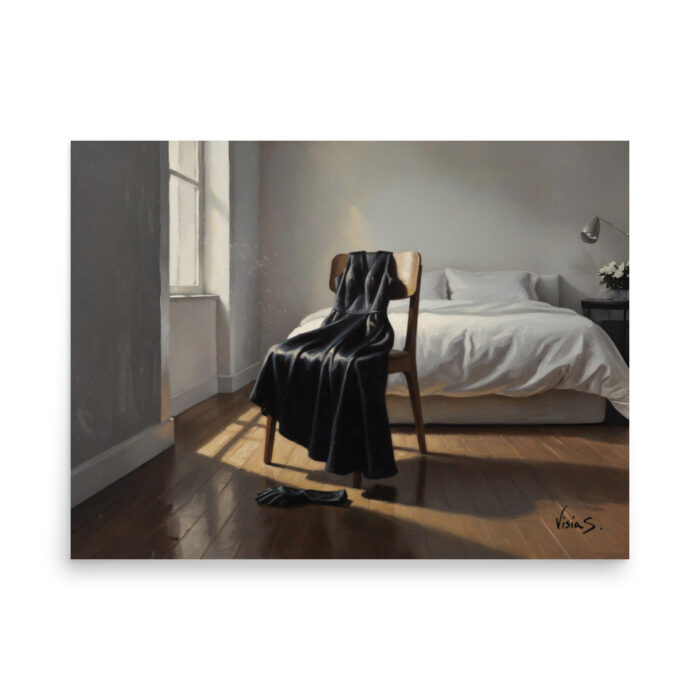 Dress on the Chair – Emotional Still Life Oil Painting | Black Satin Dress Draped Over Chair | Absence as Presence Art Print - Poster