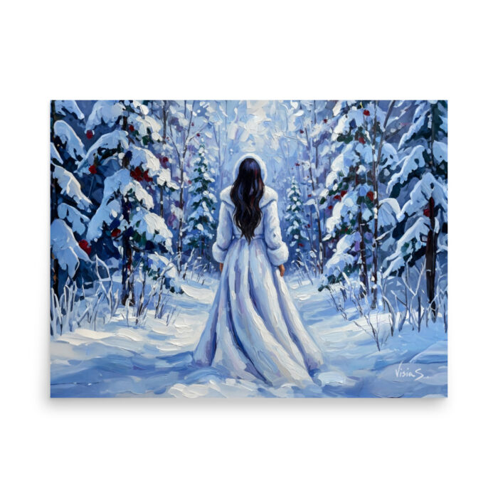 Woman in Fur Coat – Winter Elegance Oil Painting Print | Figure in White Fur Standing in Snow | Timeless Fashion Wall Art Poster