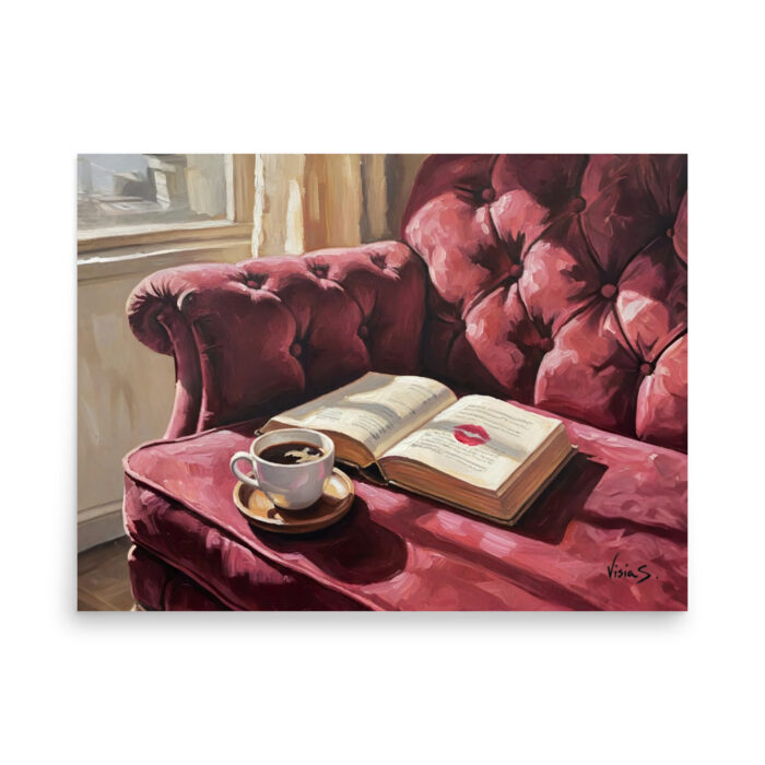 The Open Book – Intellectual Femininity Oil Painting Print | Book with Lipstick Mark & Coffee Cup | Cozy Luxury Wall Art Poster