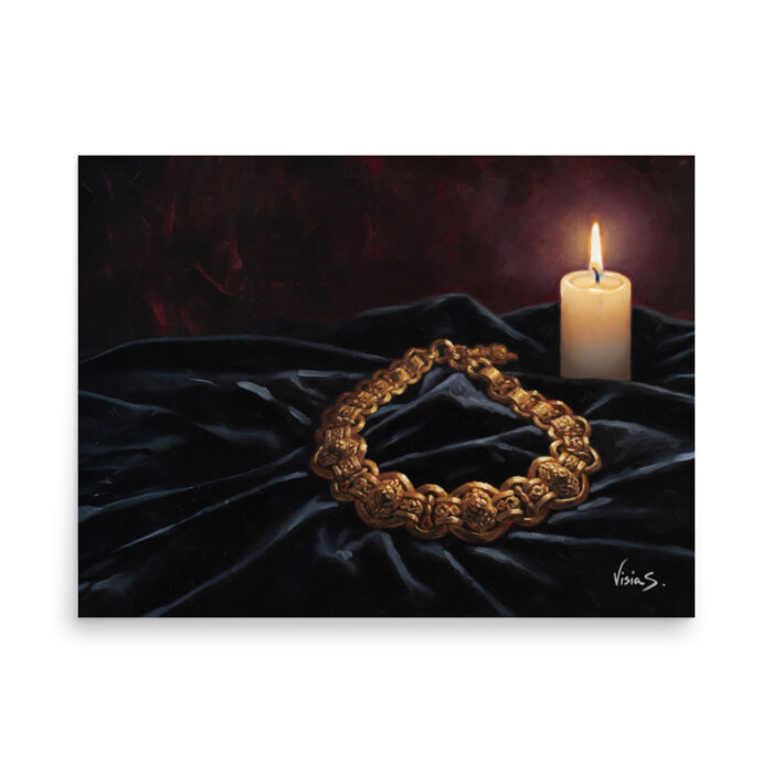 Candle & Necklace – Romantic Still Life Oil Painting | Gold Necklace on Velvet with Burning Candle | Intimate Wall Art Poster