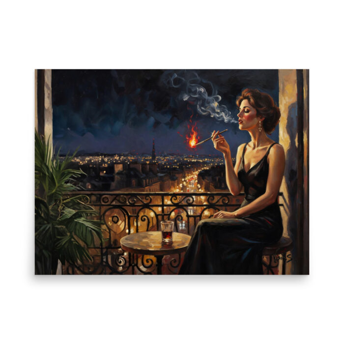The Last Cigarette – Noir Oil Painting Print | Woman Smoking on Balcony at Night | Vintage Elegance Wall Art Poster