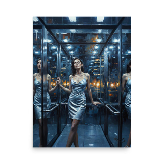 The Elevator Glow – Urban Solitude Oil Painting Print | Woman in Silver Dress in Mirrored Elevator | Reflective Wall Art Poster