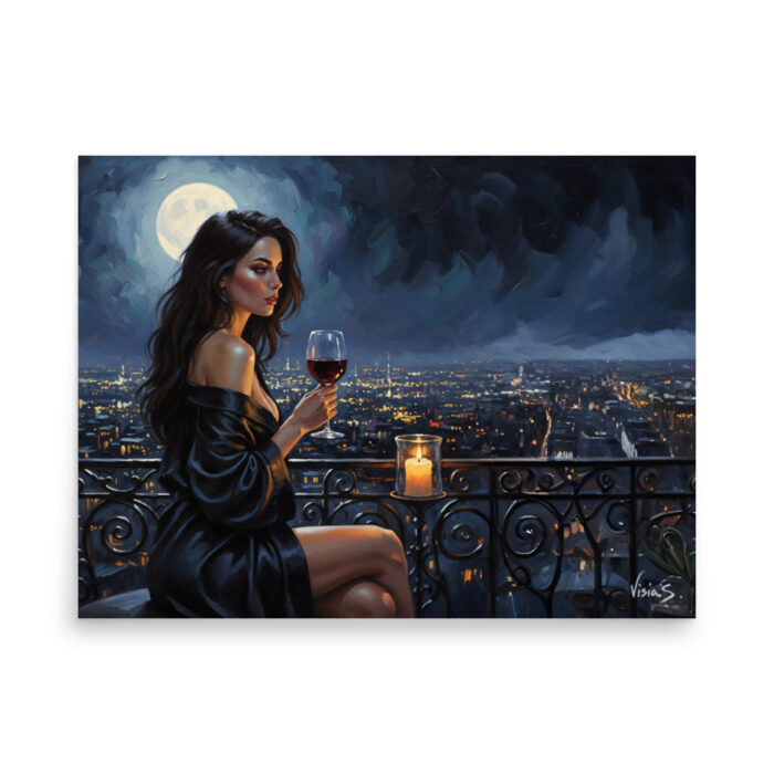 Wine & Moonlight – Balcony Night Oil Painting Print | Woman with Red Wine Under Full Moon | Elegant Solitude Wall Art Poster
