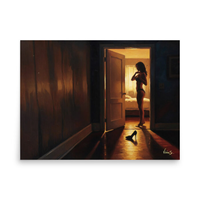 The Open Door – Suggestive Oil Painting Print | Half-Open Bedroom Door with Silhouette Inside | Cinematic Intimacy Wall Art Poster