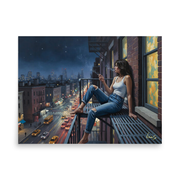Fire Escape Dream – Urban Poetry Oil Painting Print | Woman Smoking on City Fire Escape | Nostalgic Night Wall Art Poster