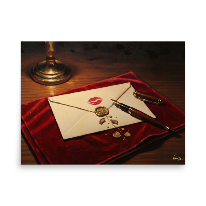The Unread Letter – Emotional Still Life Oil Painting Print | Unopened Letter with Lipstick Mark & Broken Seal | Feminine Mystery Wall Art Poster