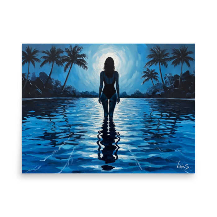 The Pool Reflection – Nighttime Oil Painting Print | Woman’s Silhouette in Infinity Pool Under Moonlight | Serene Feminine Power Wall Art Poster