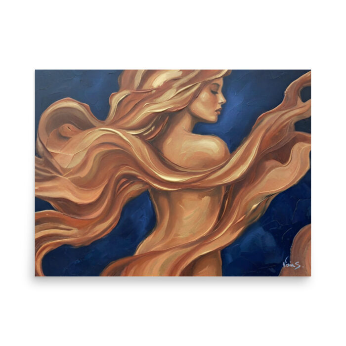 Her Rhythm – Abstract Expressionist Oil Painting | Terracotta & Gold Swirls on Indigo | Feminine Energy Wall Art Poster