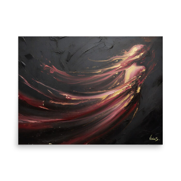 Where She Moves – Abstract Oil Painting Print | Crimson & Gold Energy Trails on Charcoal | Invisible Presence Wall Art Poster