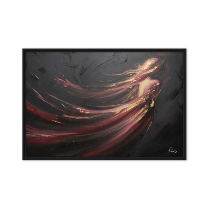 Where She Moves – Abstract Oil Painting Print | Crimson & Gold Energy Trails on Charcoal | Invisible Presence Wall Art
