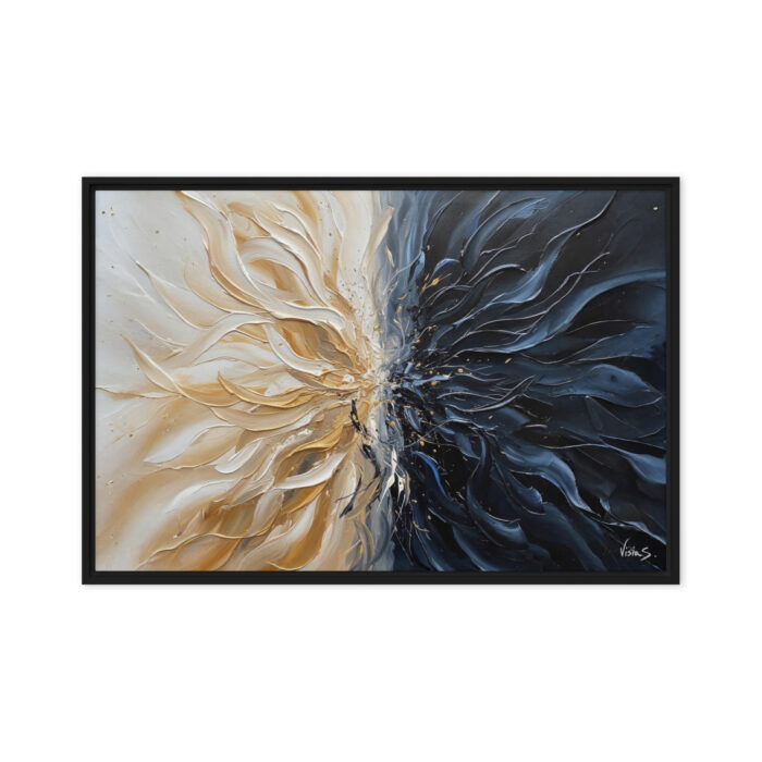 Silk and Shadow – Abstract Duality Oil Painting | Ivory & Gold vs. Black & Indigo | Feminine Contrast Wall Art