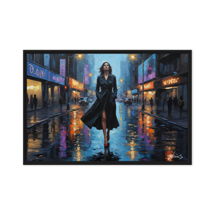 Midnight Walk – Urban Night Oil Painting Print | Woman in Red Heels on Wet City Street | Cinematic Wall Art for Sophisticated Men