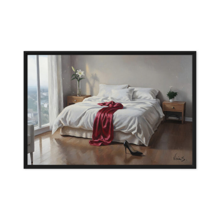 Empty Bed, Red Silk – Suggestive Still Life Oil Painting | Intimate Luxury Art Print | Minimalist Bedroom Wall Decor