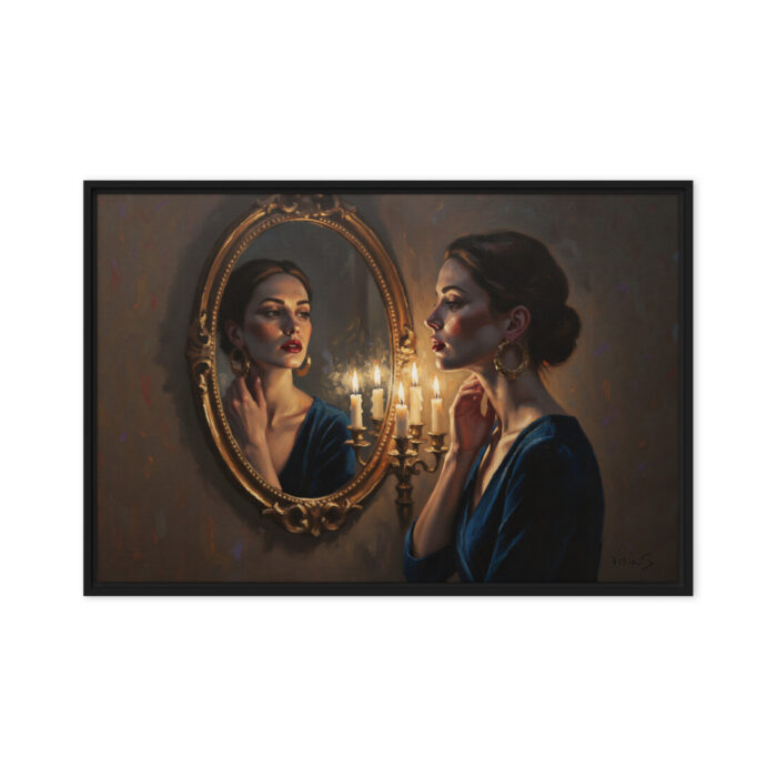 The Mirror Glance – Intimate Oil Painting Print | Woman Touching Neck in Candlelight | Emotional Wall Art for Thoughtful Spaces