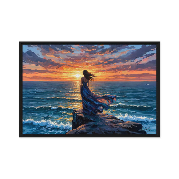 Ocean Silhouette – Sunset Cliff Oil Painting Print | Woman Facing Horizon Over Ocean | Romantic Realism Wall Art
