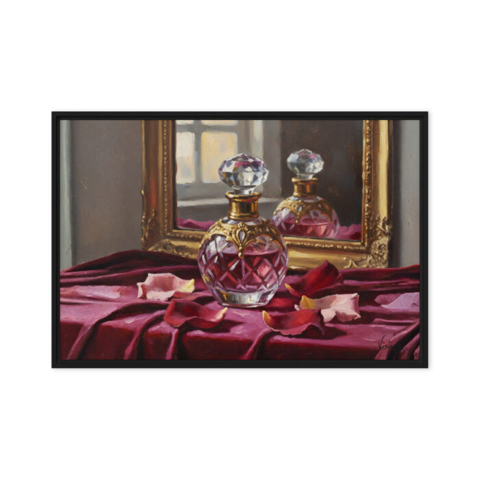 The Perfume Bottle – Luxury Still Life Oil Painting | Vintage Bottle on Velvet with Rose Petals | Refined Wall Art for Collectors
