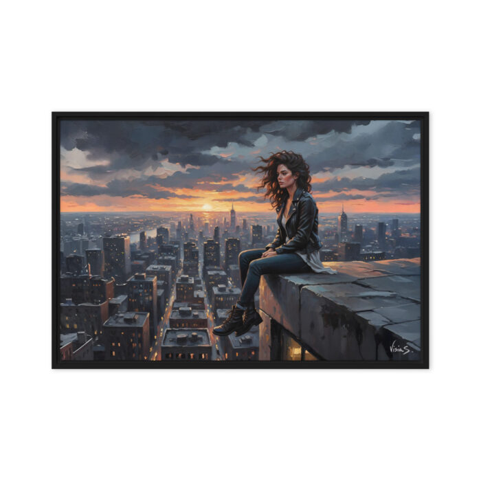 Rooftop at Dusk – Urban Freedom Oil Painting Print | Woman on City Rooftop at Sunset | Cinematic Wall Art for Modern Men