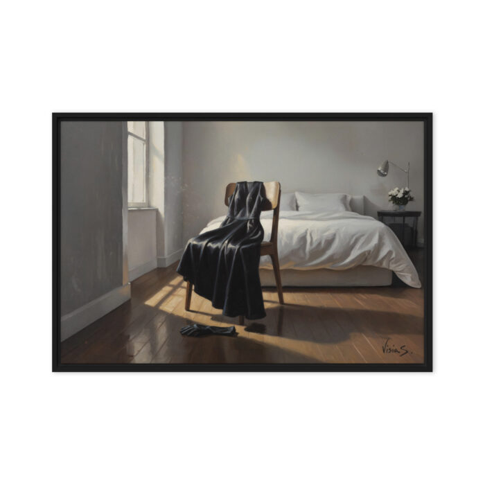 Dress on the Chair – Emotional Still Life Oil Painting | Black Satin Dress Draped Over Chair | Absence as Presence Art Print