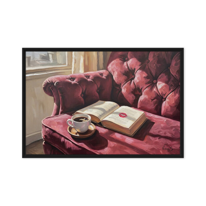 The Open Book – Intellectual Femininity Oil Painting Print | Book with Lipstick Mark & Coffee Cup | Cozy Luxury Wall Art
