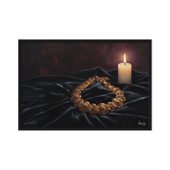 Candle & Necklace – Romantic Still Life Oil Painting | Gold Necklace on Velvet with Burning Candle | Intimate Wall Art