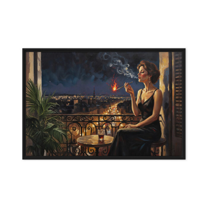 The Last Cigarette – Noir Oil Painting Print | Woman Smoking on Balcony at Night | Vintage Elegance Wall Art