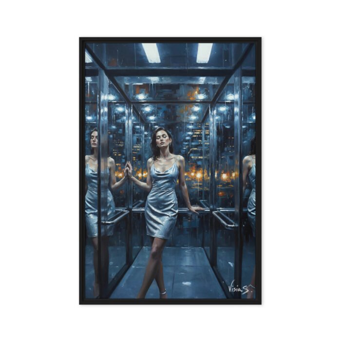 The Elevator Glow – Urban Solitude Oil Painting Print | Woman in Silver Dress in Mirrored Elevator | Reflective Wall Art