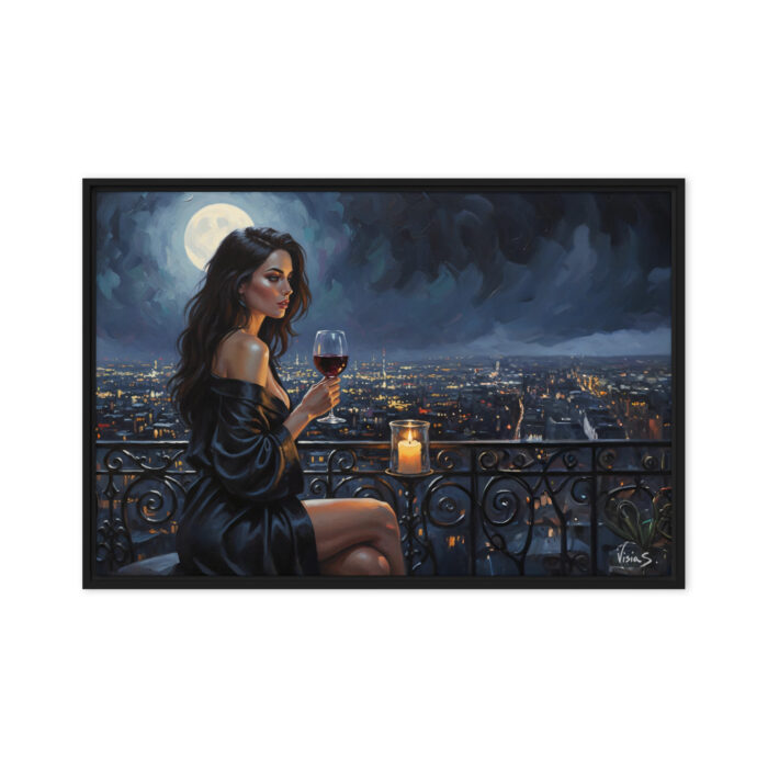 Wine & Moonlight – Balcony Night Oil Painting Print | Woman with Red Wine Under Full Moon | Elegant Solitude Wall Art
