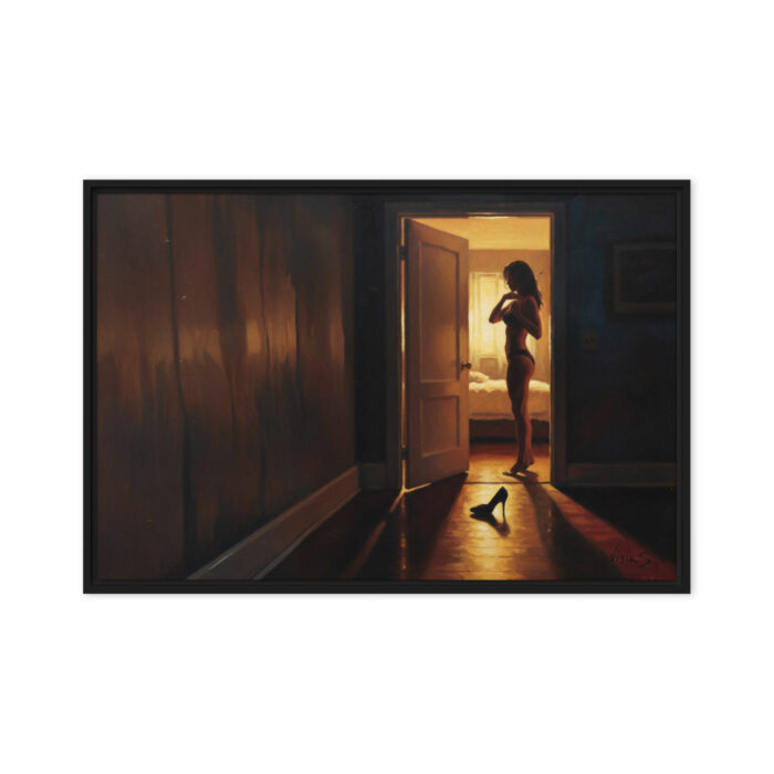 The Open Door – Suggestive Oil Painting Print | Half-Open Bedroom Door with Silhouette Inside | Cinematic Intimacy Wall Art