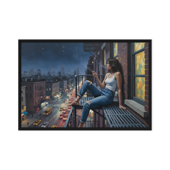 Fire Escape Dream – Urban Poetry Oil Painting Print | Woman Smoking on City Fire Escape | Nostalgic Night Wall Art