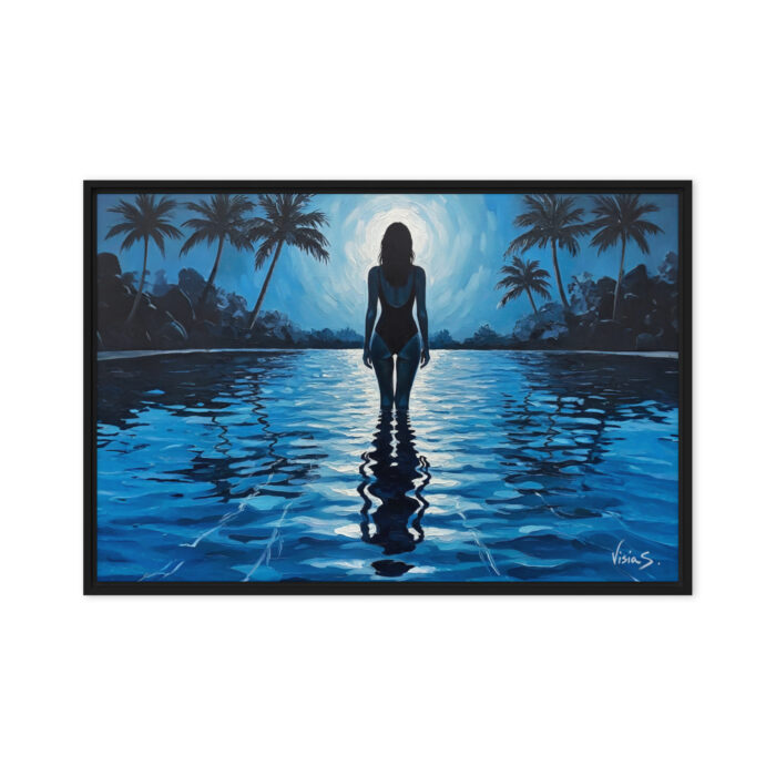The Pool Reflection – Nighttime Oil Painting Print | Woman’s Silhouette in Infinity Pool Under Moonlight | Serene Feminine Power Wall Art