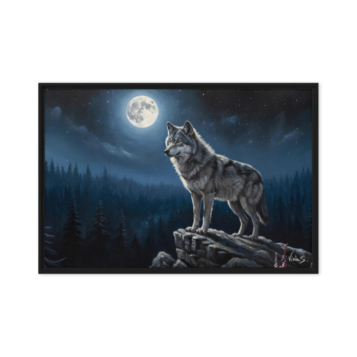 Moonlit Sentinel – Lone Wolf Oil Painting | Full Moon & Dramatic Chiaroscuro | Powerful Wildlife Art for Modern Homes