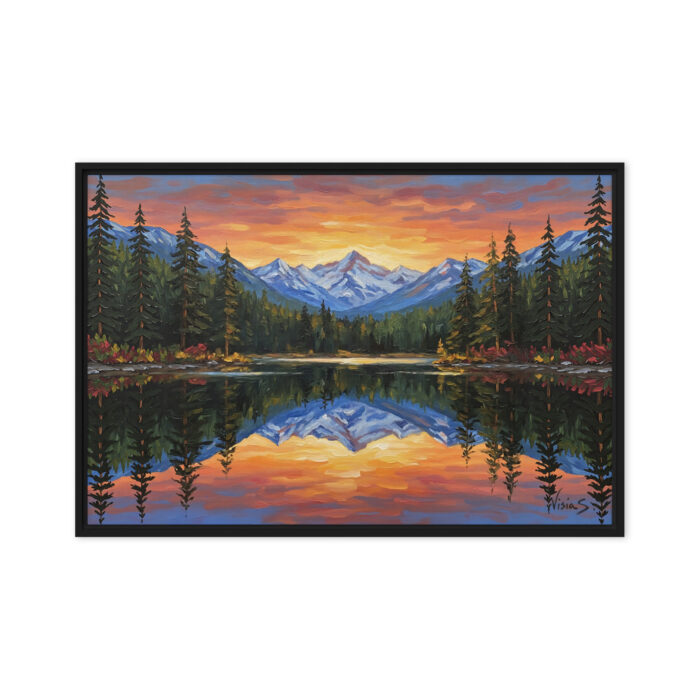 Golden Reflections – Serene Mountain Lake at Sunset Oil Painting | Snow Peaks & Pine Forest Reflection | Gallery-Quality Wall Art for Living Room