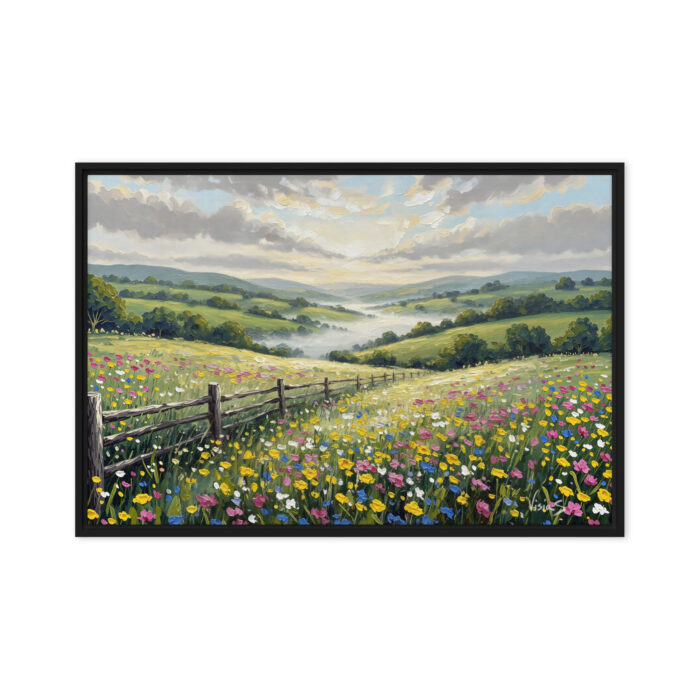 Dawn’s Whisper – Countryside Meadow at Sunrise Oil Painting | Wildflowers & Mist Over Hills | Tranquil Impressionist Art for Living Room