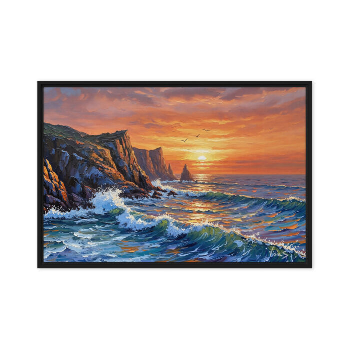Cliffside Embrace – Coastal Sunset Oil Painting | Waves, Orange Sky & Seagulls | Dramatic Impasto Wall Art