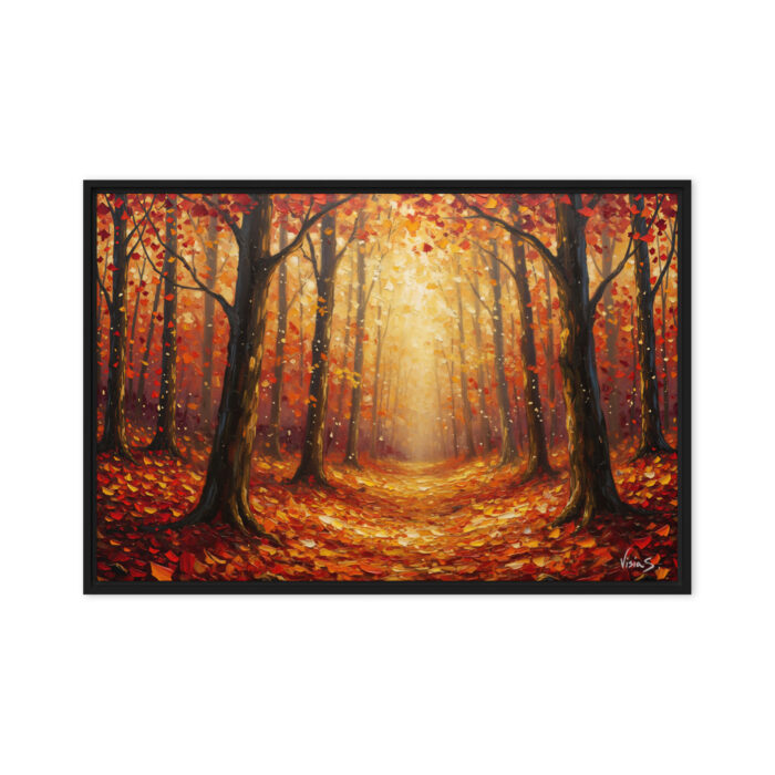 Crimson Path – Autumn Forest Walk Oil Painting | Sunlight Through Trees & Golden Leaves | Cozy Bedroom Wall Art