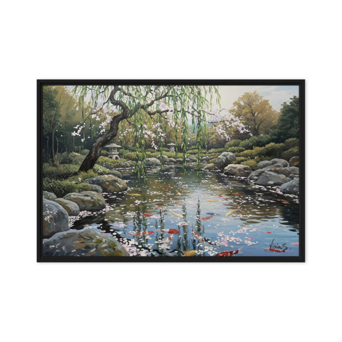 Still Waters – Japanese Garden Oil Painting | Koi, Willow & Cherry Blossoms | Calm Meditative Art for High-End Interiors
