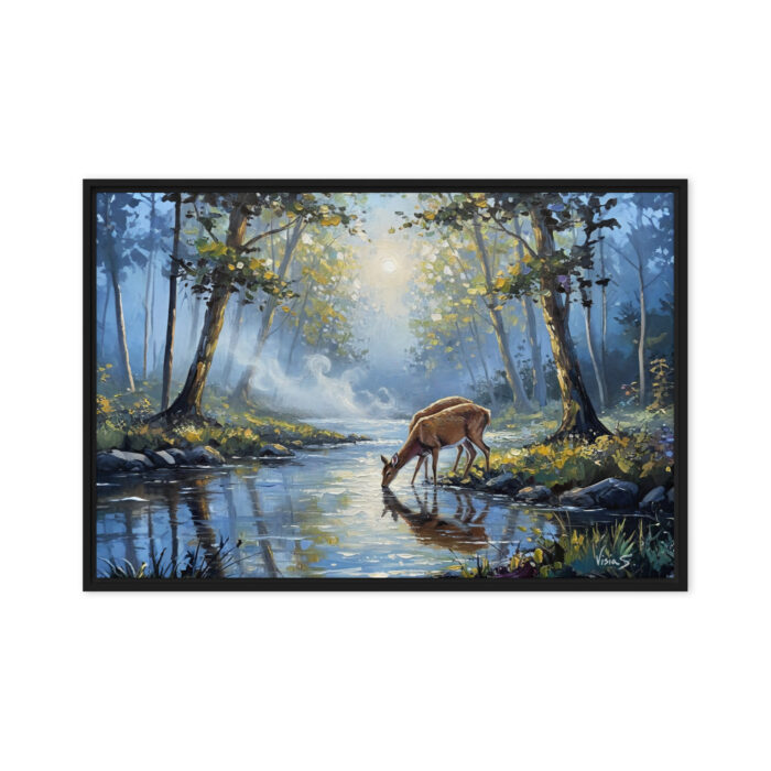 Twilight Grace – Two Deer at Forest Stream Oil Painting | Moonlight & Fog | Tender Nature Art for Nursery or Office