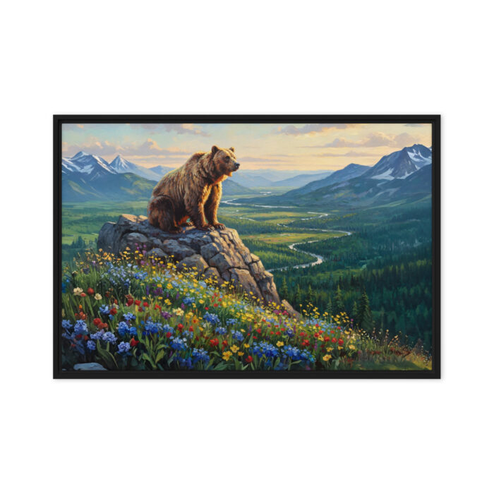 Alaska’s Pride – Grizzly Bear Oil Painting | Golden Light & Wildflowers | Ultra-Detailed Wildlife Art Collectible